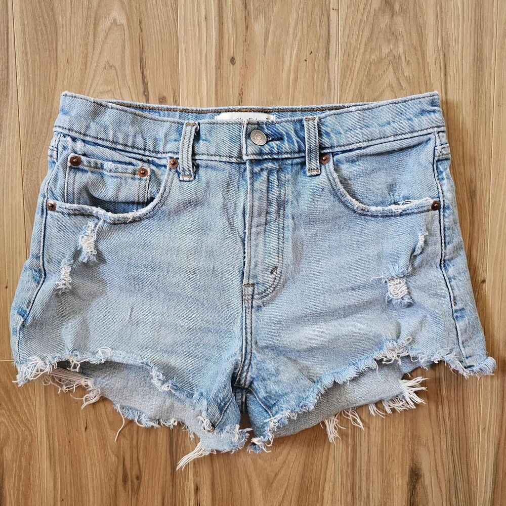 Abercrombie & Fitch Mid Rise Mom Short Blue Denim Distressed Shorts